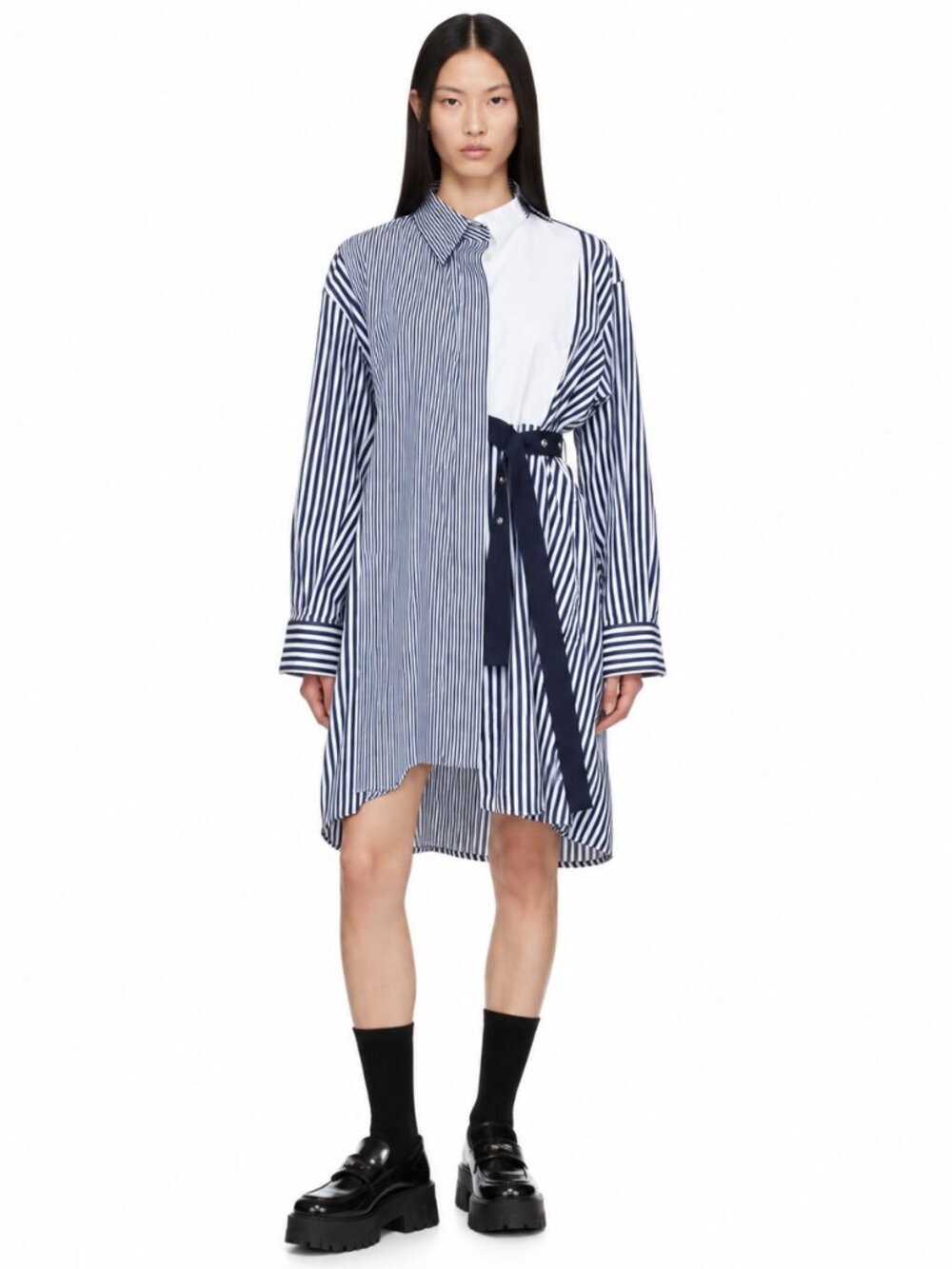Sacai Striped Poplin Asymmetric Belted Shirt Dress Navy Size 1 S